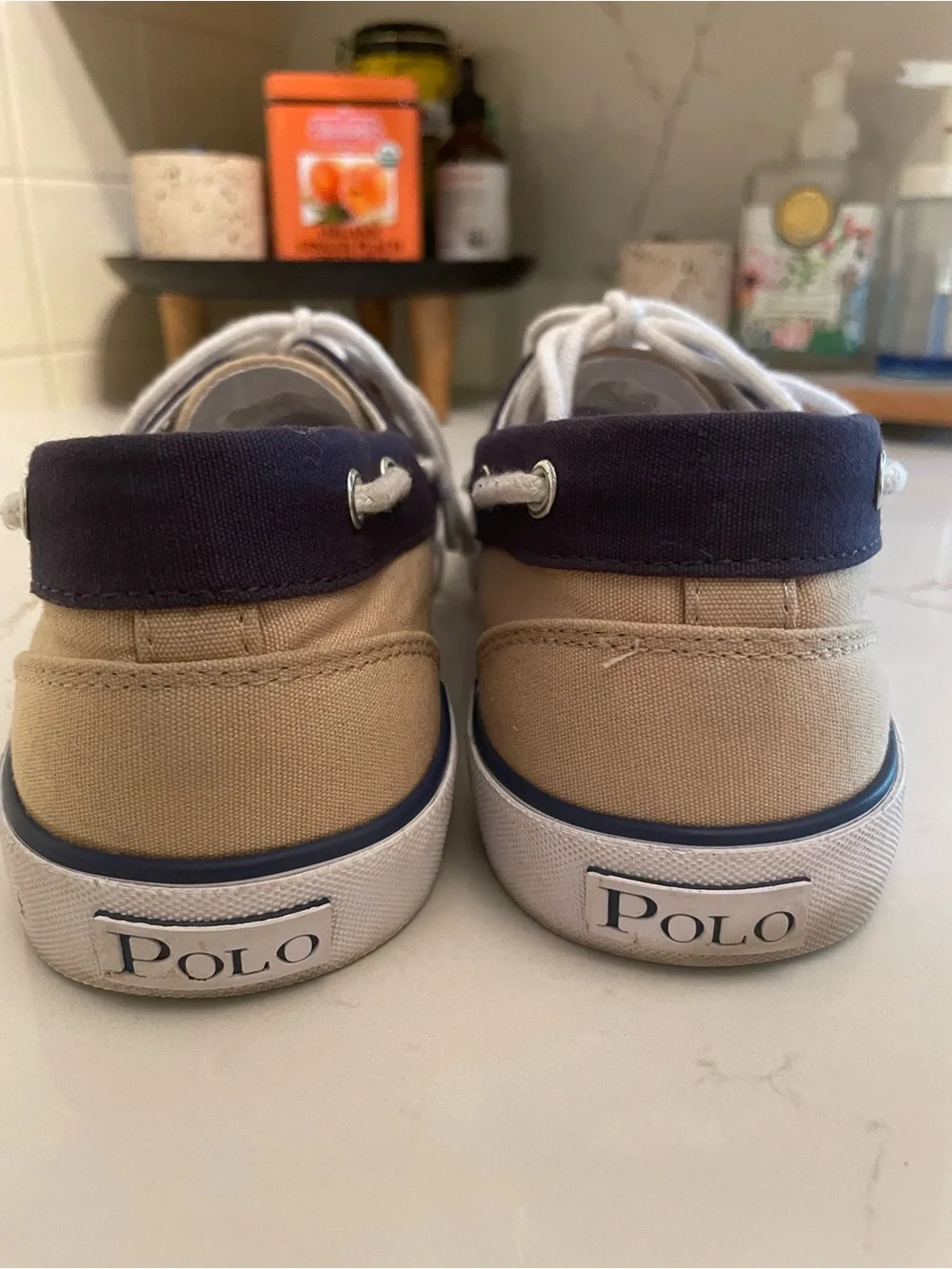 Polo Ralph Lauren Franz Canvas Boat Shoes Loafers Tan Navy Blue Size 10D